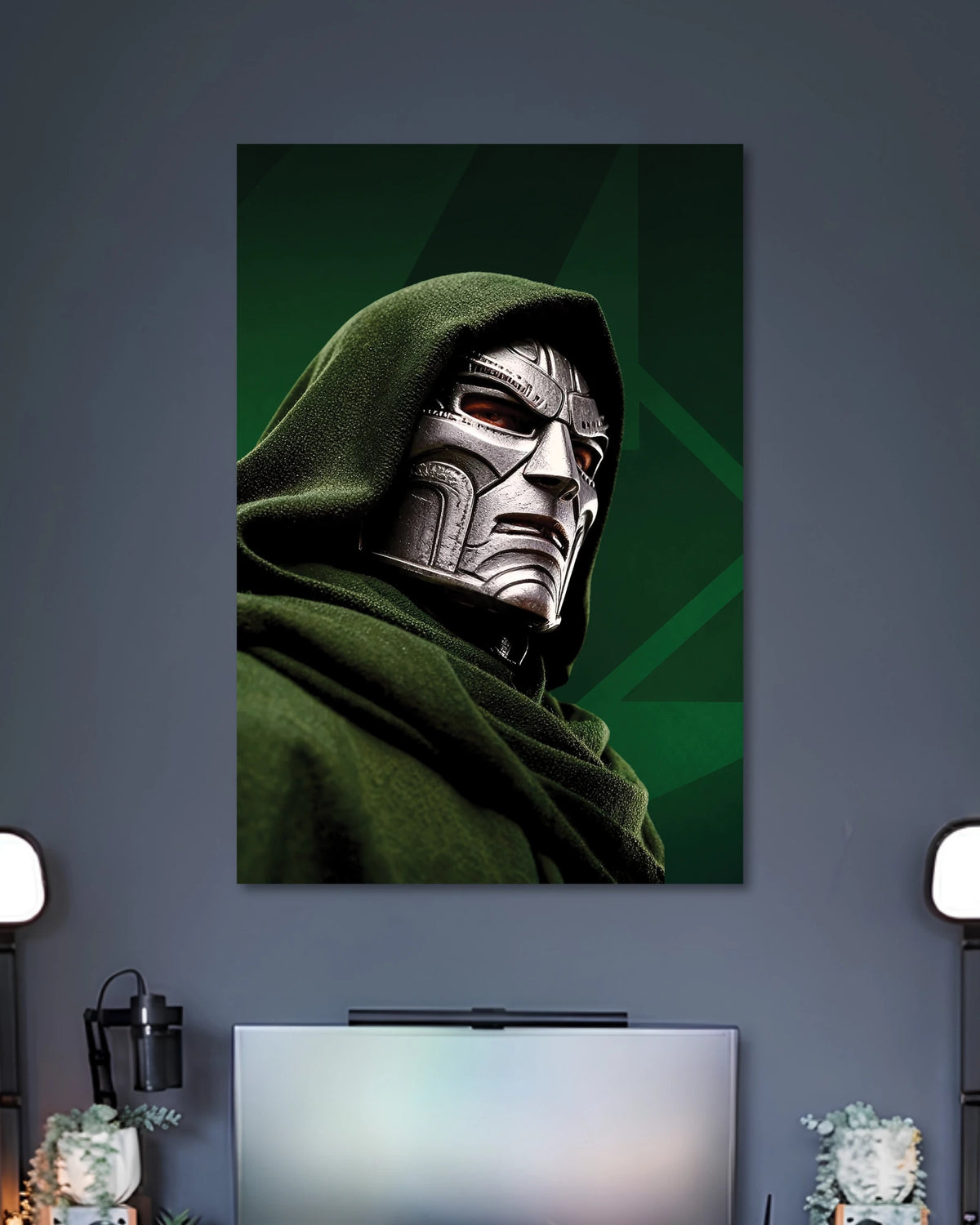 Doctor Doom Silver Mask Green Hood Marvel Poster poster design: Doctor Doom’s silver metal mask stands out beneath a deep green hood, set against a dark green geometric background. The close-up composition highlights the character’s striking armour and menacing presence, making it a bold choice for Marvel fans.