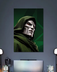 Doctor Doom Silver Mask Green Hood Marvel Poster poster design: Doctor Doom’s silver metal mask stands out beneath a deep green hood, set against a dark green geometric background. The close-up composition highlights the character’s striking armour and menacing presence, making it a bold choice for Marvel fans.