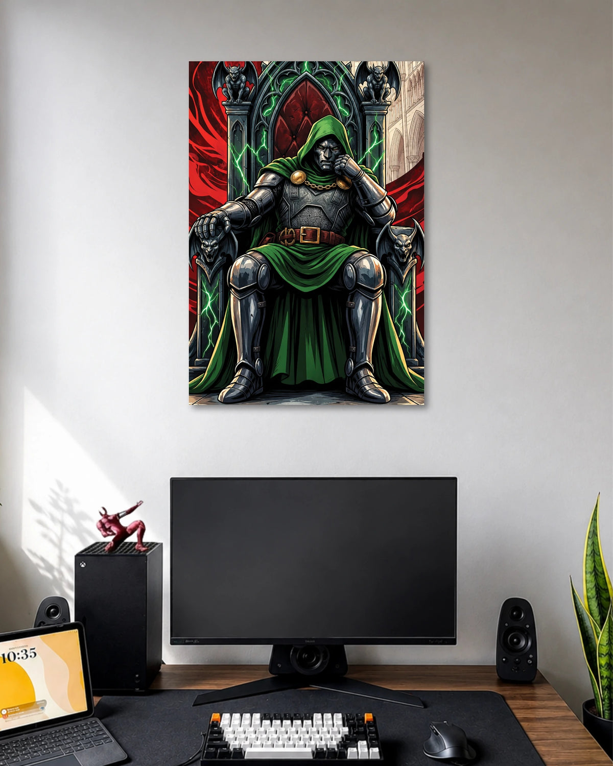 Doctor Doom Throne Marvel Art Poster poster design: Doctor Doom sits on an elaborate throne in silver armour and a flowing green cloak, surrounded by gothic details, gargoyle figures, and glowing green energy. The intricate comic art style gives this Marvel inspired poster a commanding presence.