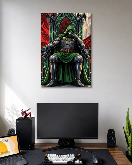 Doctor Doom Throne Marvel Art Poster poster design: Doctor Doom sits on an elaborate throne in silver armour and a flowing green cloak, surrounded by gothic details, gargoyle figures, and glowing green energy. The intricate comic art style gives this Marvel inspired poster a commanding presence.