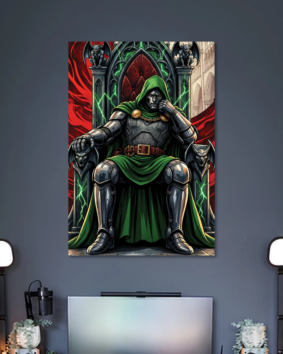Doctor Doom Throne Marvel Art Poster poster design: Doctor Doom sits on an elaborate throne in silver armour and a flowing green cloak, surrounded by gothic details, gargoyle figures, and glowing green energy. The intricate comic art style gives this Marvel inspired poster a commanding presence.