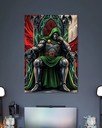 Doctor Doom Throne Marvel Art Poster poster design: Doctor Doom sits on an elaborate throne in silver armour and a flowing green cloak, surrounded by gothic details, gargoyle figures, and glowing green energy. The intricate comic art style gives this Marvel inspired poster a commanding presence.