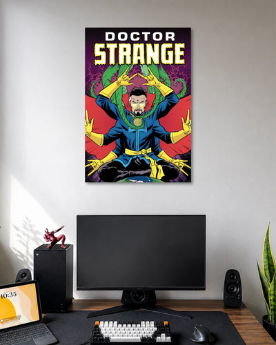 Retro comic artwork of Doctor Strange performing a spell with raised hands beneath yellow DOCTOR STRANGE lettering.
