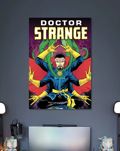 Retro comic artwork of Doctor Strange performing a spell with raised hands beneath yellow DOCTOR STRANGE lettering.