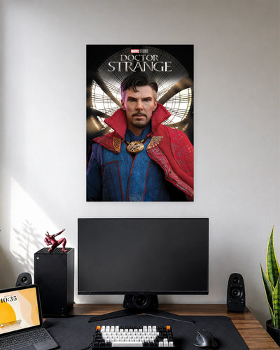 Doctor Strange Sanctum Window Poster wall poster displayed in a modern minimalist workspace setup 1