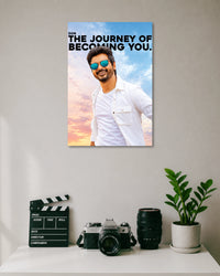 Don The Journey of Becoming You Sivakarthikeyan Poster poster design: Sivakarthikeyan appears in a white outfit and blue sunglasses against a pastel sky, alongside the bold quote “The Journey of Becoming You.” The design combines Tamil cinema style with an uplifting message for your walls.