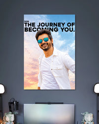 Don The Journey of Becoming You Sivakarthikeyan Poster poster design: Sivakarthikeyan appears in a white outfit and blue sunglasses against a pastel sky, alongside the bold quote “The Journey of Becoming You.” The design combines Tamil cinema style with an uplifting message for your walls.