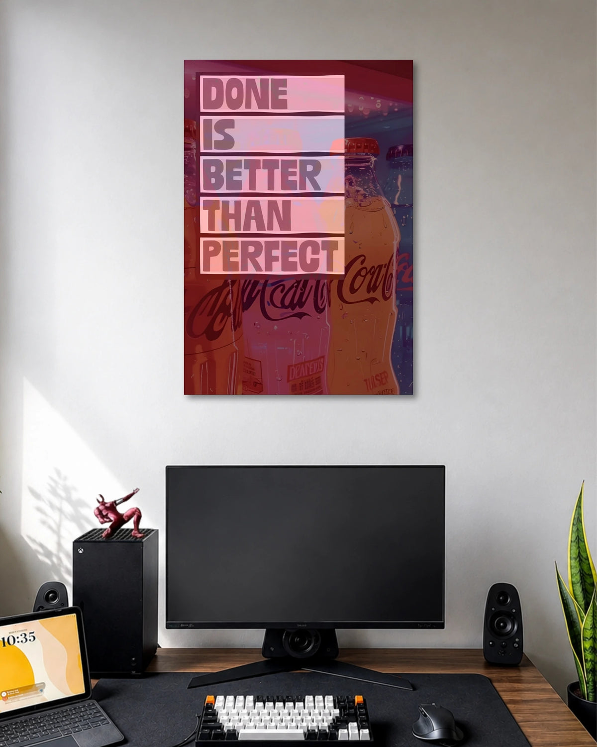 Done Is Better Than Perfect Motivational Poster poster design: Featuring the message "Done Is Better Than Perfect" over a colourful, retro inspired Coca Cola bottle background, this motivational poster is a reminder to take action instead of waiting for perfection. Ideal for desks, studios and workspaces.
