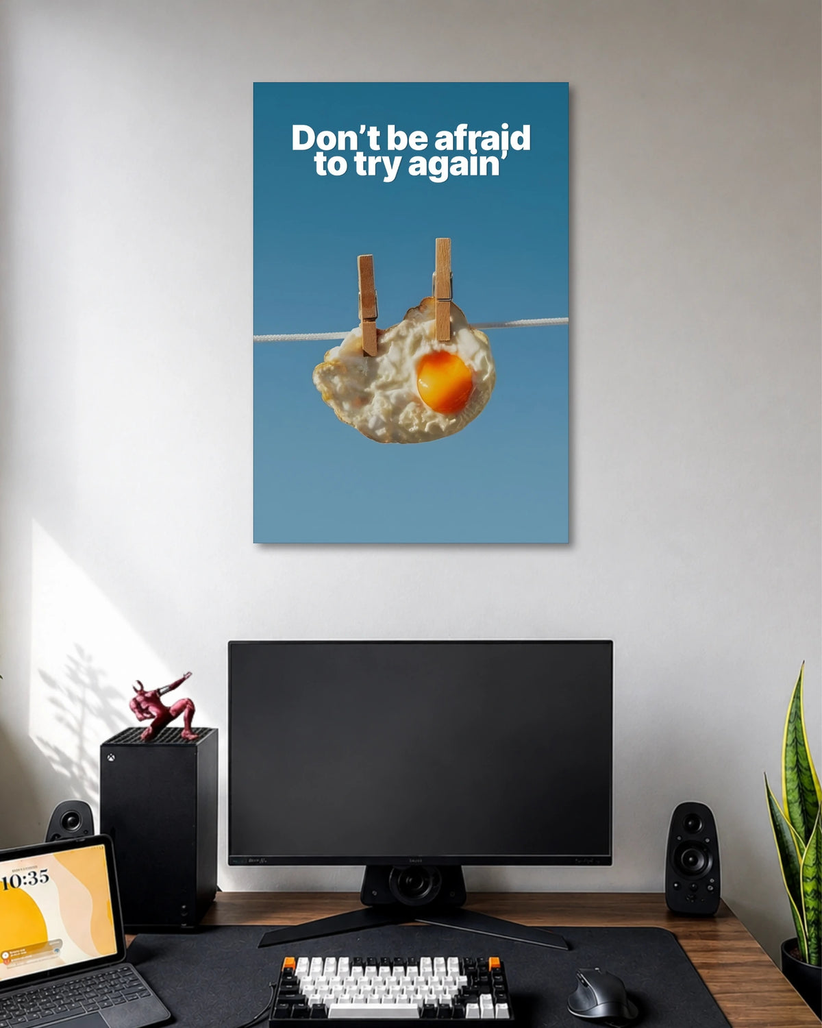 Don't Be Afraid to Try Again Motivational Poster poster design: Featuring a fried egg hanging from a clothesline against a clear blue background, this quirky motivational poster carries the message "Don't be afraid to try again." Its unexpected visual makes encouragement feel playful and memorable.