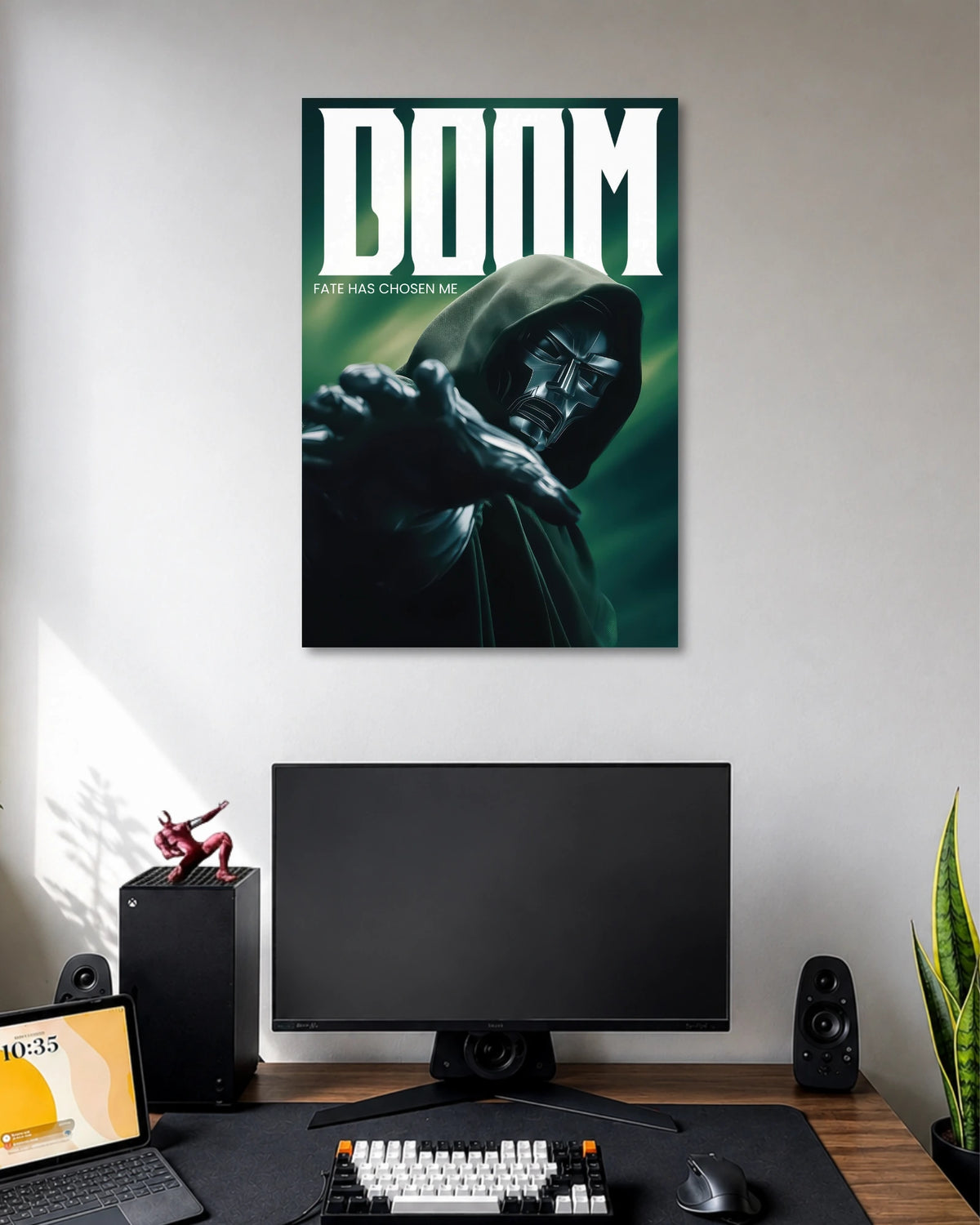 Doctor Doom Fate Has Chosen Me Poster poster design: Doctor Doom reaches forward in his dark metallic armour and green hood, set against a moody emerald background. The bold “DOOM” title and phrase “Fate Has Chosen Me” create a dramatic design for Marvel fans.