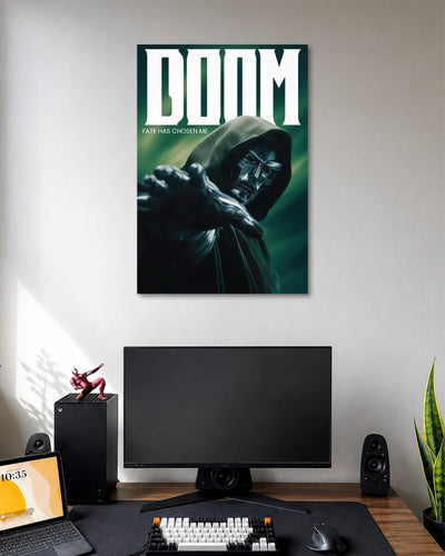 Doctor Doom Fate Has Chosen Me Poster poster design: Doctor Doom reaches forward in his dark metallic armour and green hood, set against a moody emerald background. The bold “DOOM” title and phrase “Fate Has Chosen Me” create a dramatic design for Marvel fans.