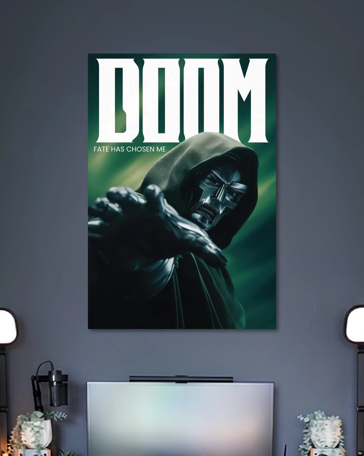 Doctor Doom Fate Has Chosen Me Poster poster design: Doctor Doom reaches forward in his dark metallic armour and green hood, set against a moody emerald background. The bold “DOOM” title and phrase “Fate Has Chosen Me” create a dramatic design for Marvel fans.