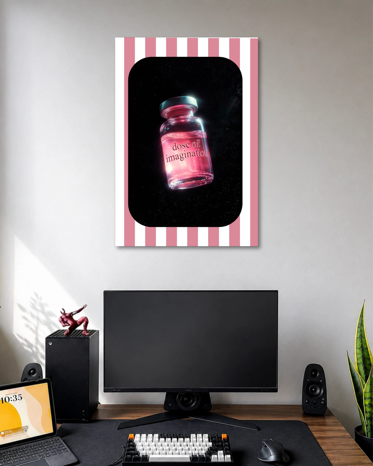 Dose of Imagination Aesthetic Poster poster design: A glowing pink vial labelled “dose of imagination” floats against a star-speckled black background. Pink and teal reflections illuminate the glass bottle, while the striped pink and white border adds a bold graphic contrast to the dreamy composition.