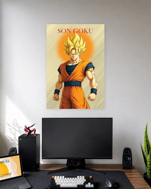 Super Saiyan Goku Dragon Ball Anime Poster wall poster displayed in a modern minimalist workspace setup 1