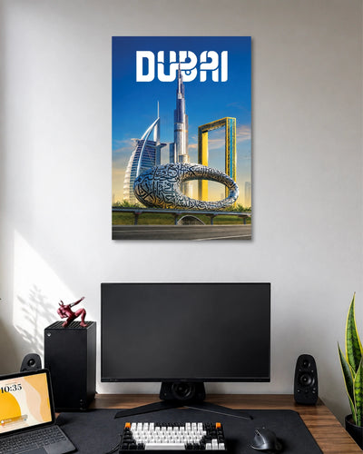 Dubai Skyline Travel Poster poster design: Celebrate Dubai’s iconic skyline with this colourful travel poster. The design brings together the Burj Khalifa, Burj Al Arab, Dubai Frame and Museum of the Future beneath a blue sky. A striking choice for travel lovers and contemporary spaces.