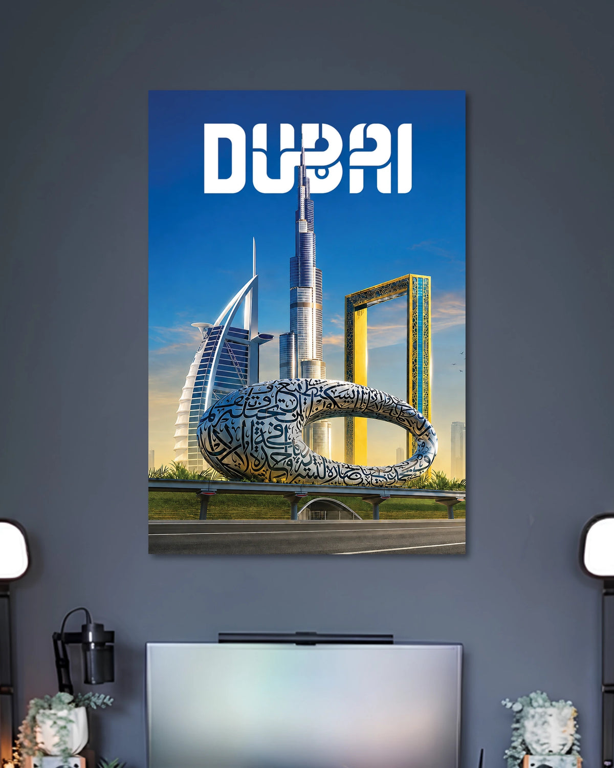 Dubai Skyline Travel Poster poster design: Celebrate Dubai’s iconic skyline with this colourful travel poster. The design brings together the Burj Khalifa, Burj Al Arab, Dubai Frame and Museum of the Future beneath a blue sky. A striking choice for travel lovers and contemporary spaces.