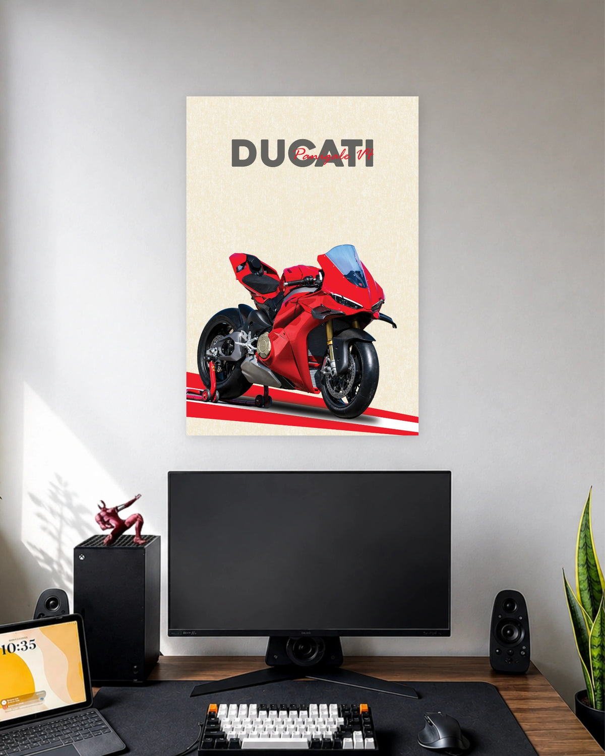 Ducati Panigale V4 Superbike Poster wall poster displayed in a modern minimalist workspace setup 1