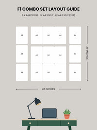F1 Racing Legends 15-piece poster combo layout guide including A4 3-split and 6-split posters