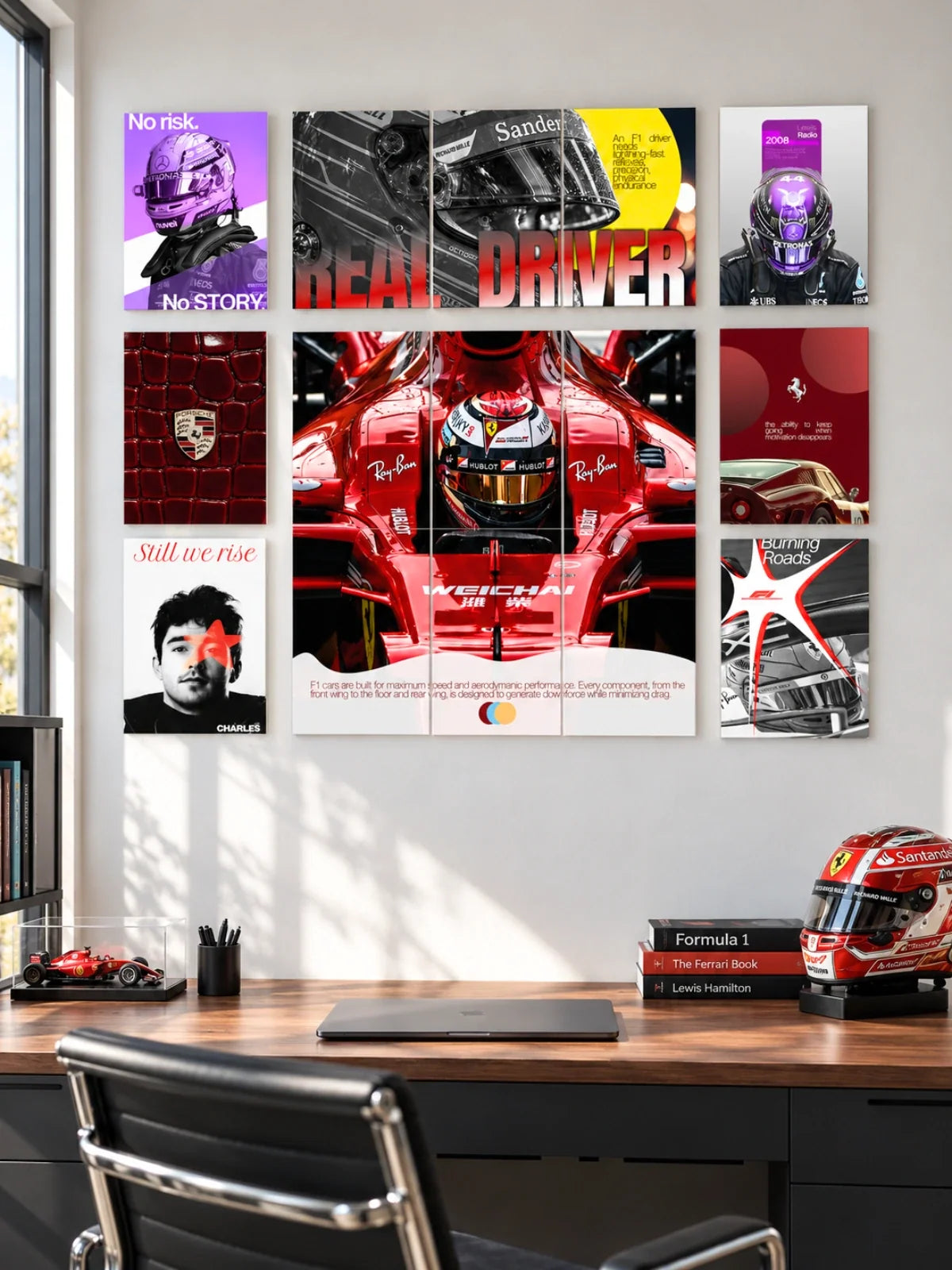 F1 Racing Legends poster wall mockup with six individual posters and two split artworks