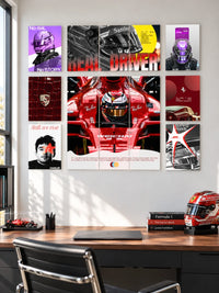 F1 Racing Legends poster wall mockup with six individual posters and two split artworks