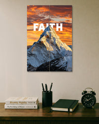 Four-piece motivational poster arranged in a 2x2 grid, featuring a snow-covered mountain under a dramatic orange sunset with large white Faith Over Fear typography.