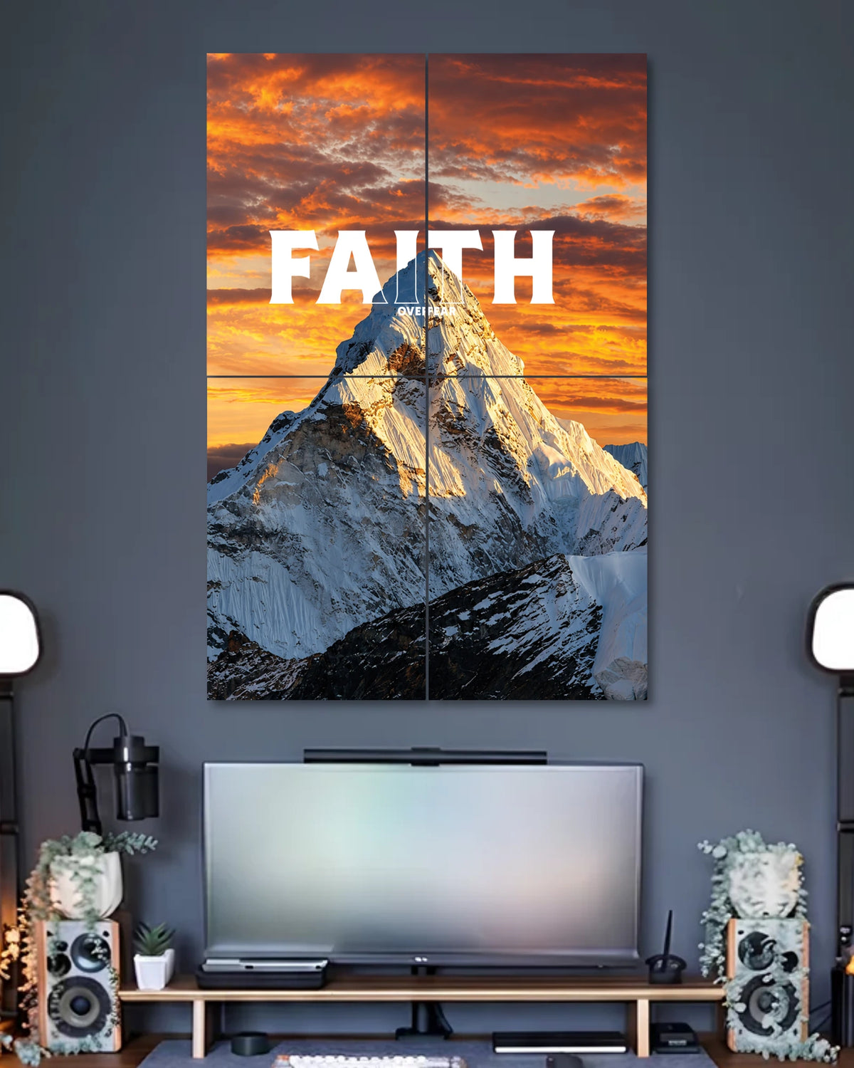 Four-piece motivational poster arranged in a 2x2 grid, featuring a snow-covered mountain under a dramatic orange sunset with large white Faith Over Fear typography.