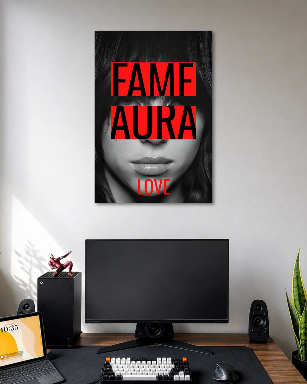 Black-and-white close-up of a woman's face partly hidden by large red FAME AURA text with LOVE underneath.