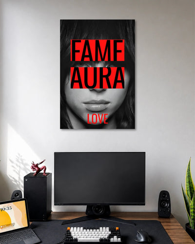 Black-and-white close-up of a woman's face partly hidden by large red FAME AURA text with LOVE underneath.