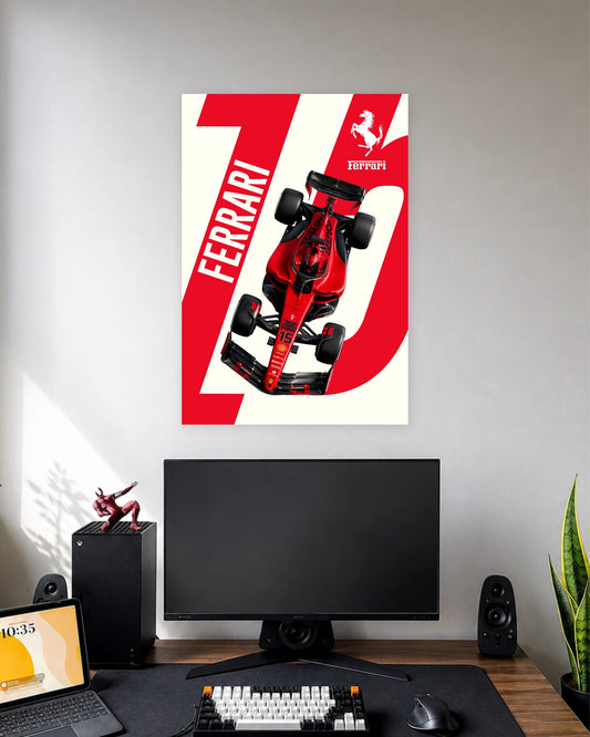 Ferrari Formula 1 Top View Poster wall poster displayed in a modern minimalist workspace setup 1