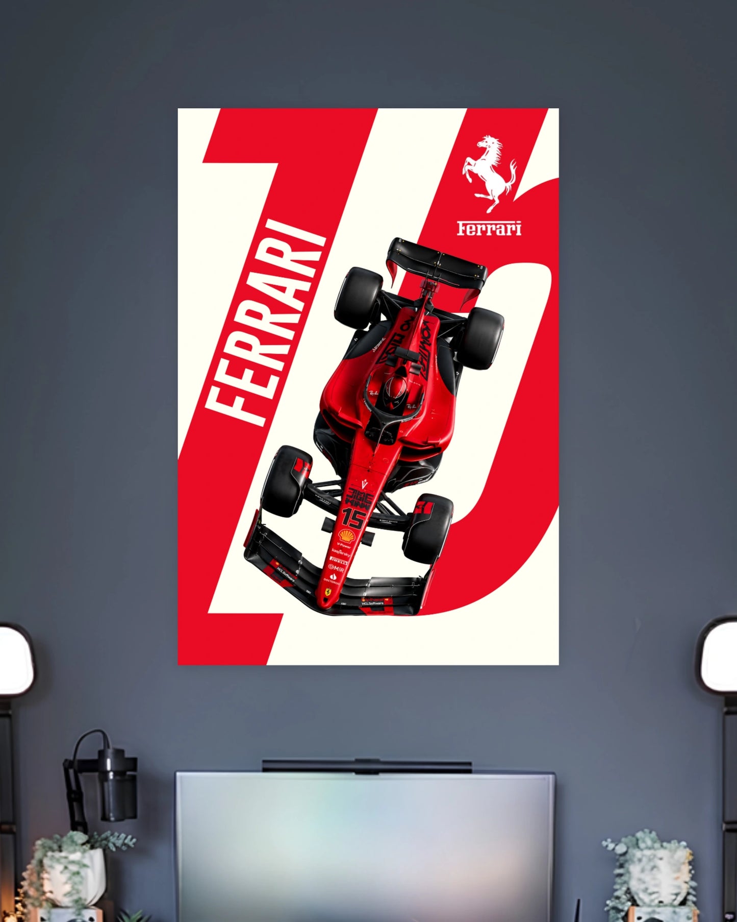 Ferrari Formula 1 Top View Poster wall poster displayed in a contemporary interior setting 2