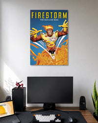Vintage comic illustration of Firestorm the Nuclear Man flying forward with flaming hair and yellow-orange energy effects.