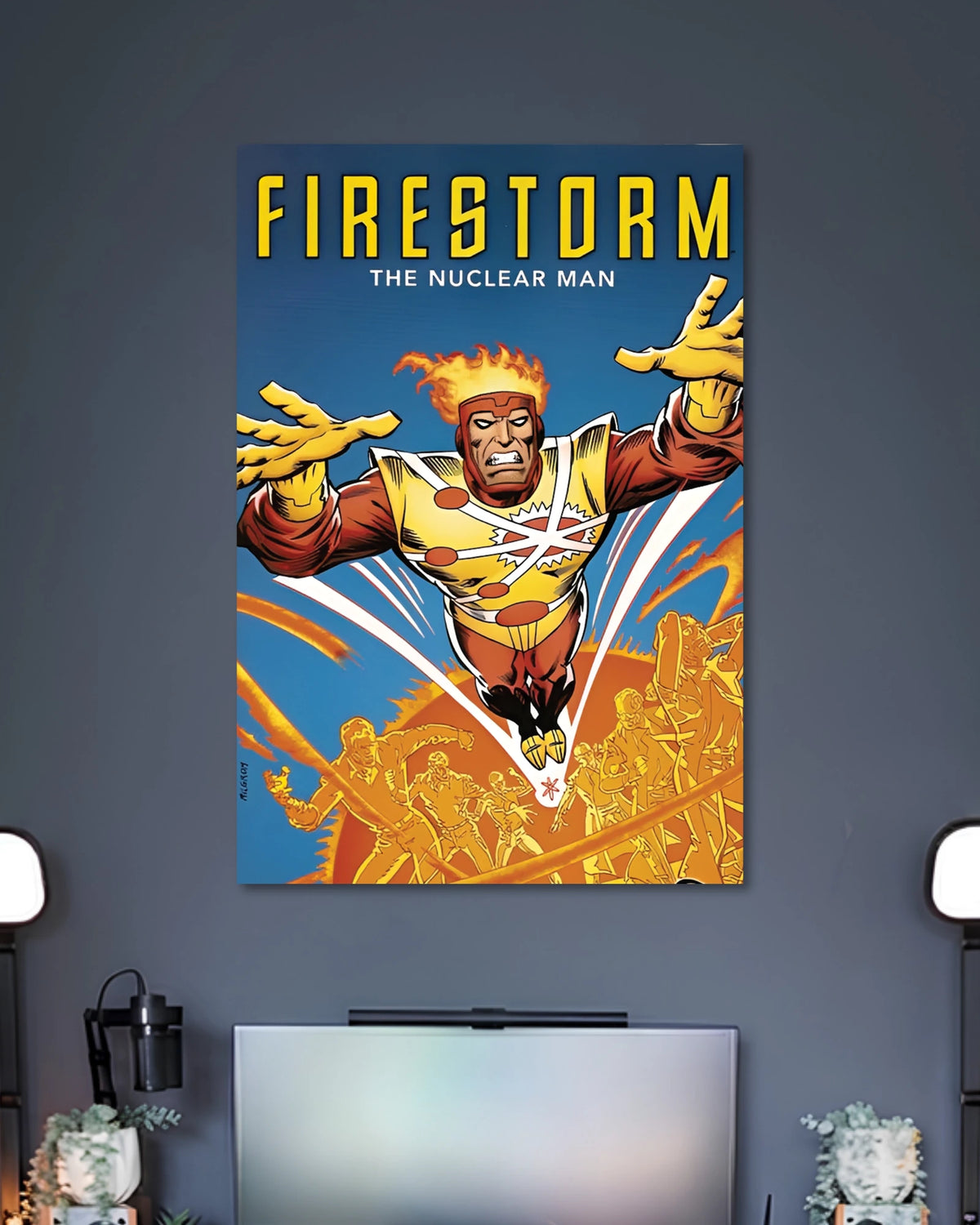 Vintage comic illustration of Firestorm the Nuclear Man flying forward with flaming hair and yellow-orange energy effects.