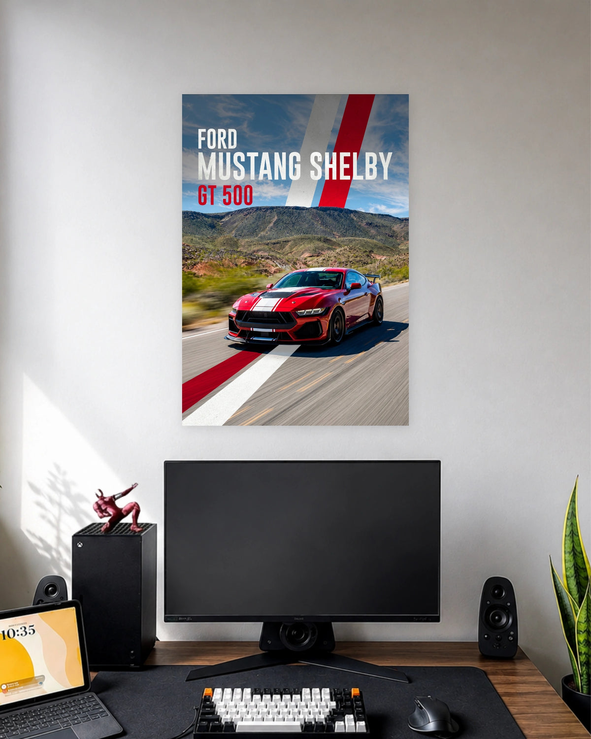 Ford Mustang Shelby GT500 Sports Car Poster wall poster displayed in a modern minimalist workspace setup 1