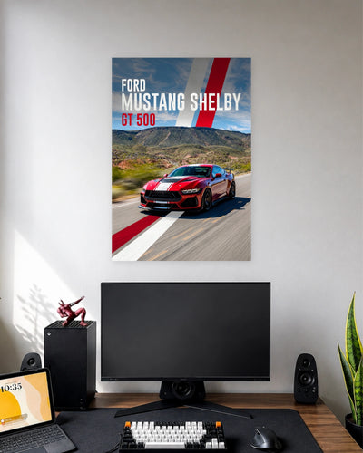 Ford Mustang Shelby GT500 Sports Car Poster wall poster displayed in a modern minimalist workspace setup 1