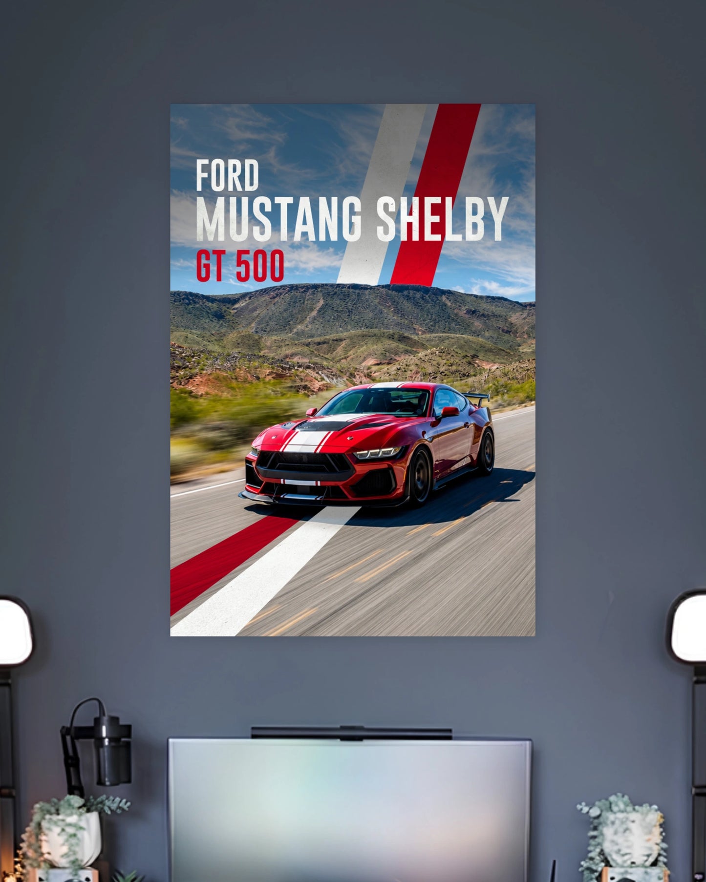 Ford Mustang Shelby GT500 Sports Car Poster wall poster displayed in a contemporary interior setting 2