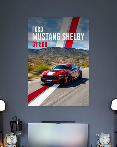 Ford Mustang Shelby GT500 Sports Car Poster wall poster displayed in a contemporary interior setting 2