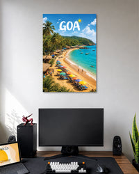 Goa Tropical Beach Poster poster design: Bring the laid-back charm of Goa to your walls with this tropical beach poster. Golden sand, turquoise water, swaying palm trees and colourful umbrellas create a bright coastal scene. Perfect for beach lovers and holiday-inspired interiors.
