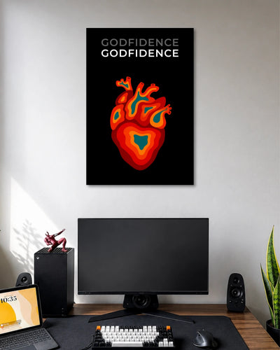 Godfidence Colorful Heart Poster poster design: Make a statement with this Godfidence poster, featuring a colourful anatomical heart against a deep black background. The repeated lettering and vivid illustration create a distinctive design for a bedroom, desk area or creative space.