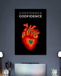 Godfidence Colorful Heart Poster poster design: Make a statement with this Godfidence poster, featuring a colourful anatomical heart against a deep black background. The repeated lettering and vivid illustration create a distinctive design for a bedroom, desk area or creative space.