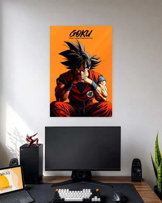 Goku Meditation Poster wall poster displayed in a modern minimalist workspace setup 1