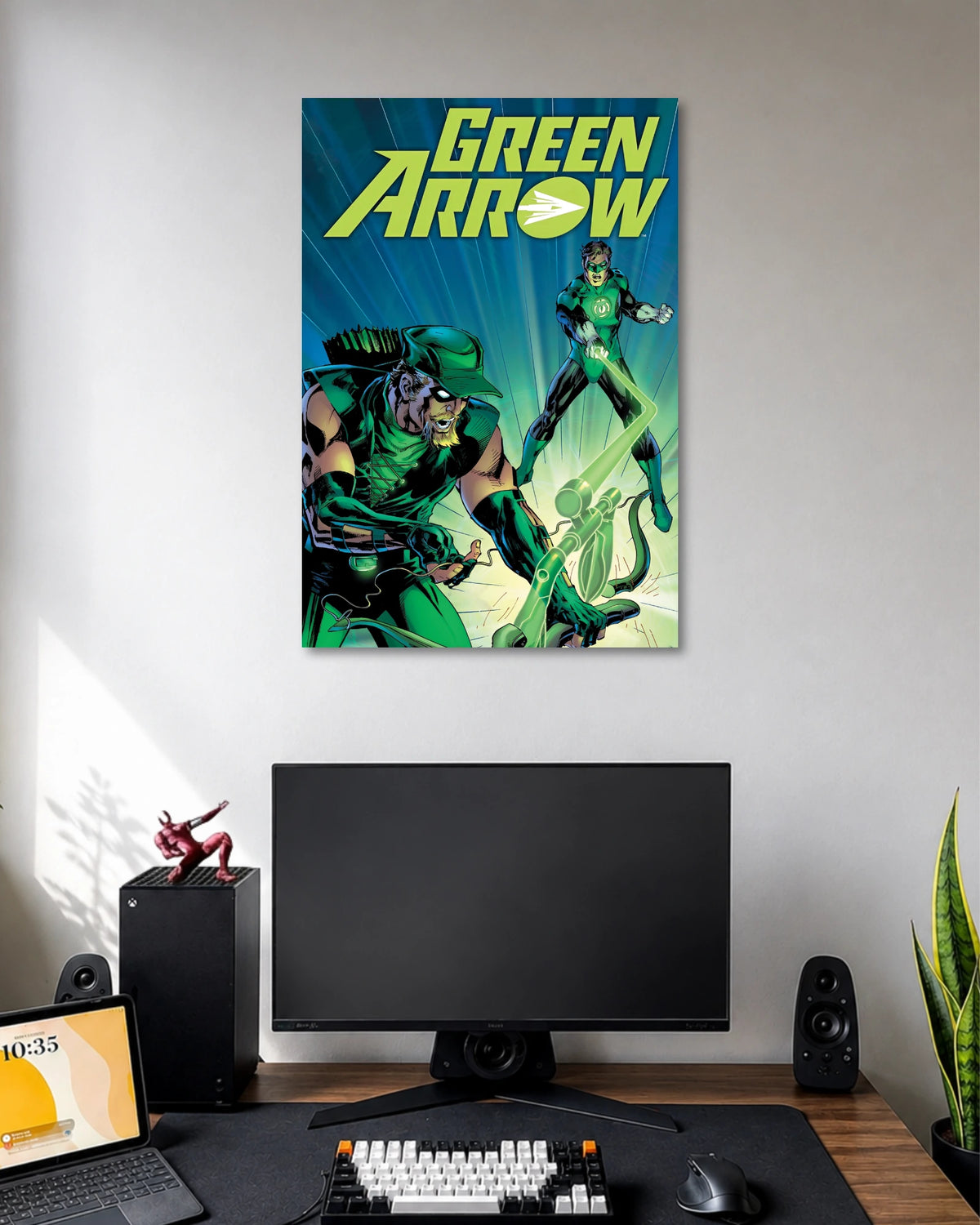 Retro comic poster with Green Arrow heroes in green costumes, an archer in the foreground and a yellow GREEN ARROW logo.