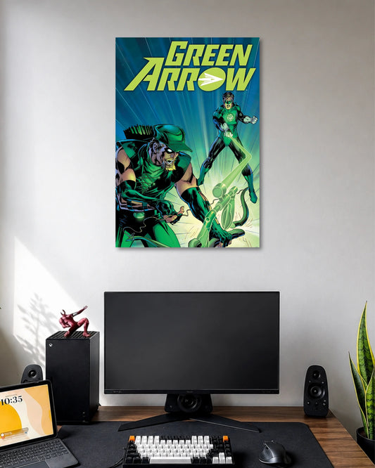 Retro comic poster with Green Arrow heroes in green costumes, an archer in the foreground and a yellow GREEN ARROW logo.