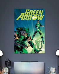 Retro comic poster with Green Arrow heroes in green costumes, an archer in the foreground and a yellow GREEN ARROW logo.