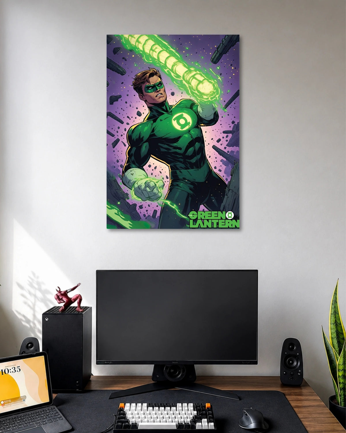 Comic illustration of Green Lantern in a green-and-black suit creating a bright green glowing energy fist against purple space.