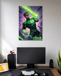 Comic illustration of Green Lantern in a green-and-black suit creating a bright green glowing energy fist against purple space.