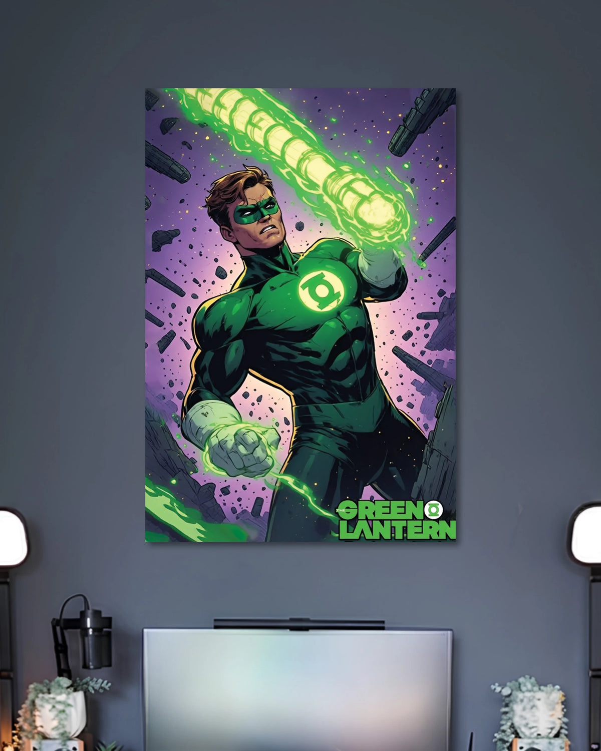 Comic illustration of Green Lantern in a green-and-black suit creating a bright green glowing energy fist against purple space.