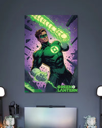 Comic illustration of Green Lantern in a green-and-black suit creating a bright green glowing energy fist against purple space.