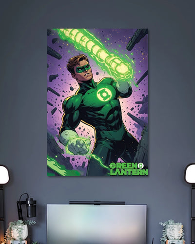 Comic illustration of Green Lantern in a green-and-black suit creating a bright green glowing energy fist against purple space.