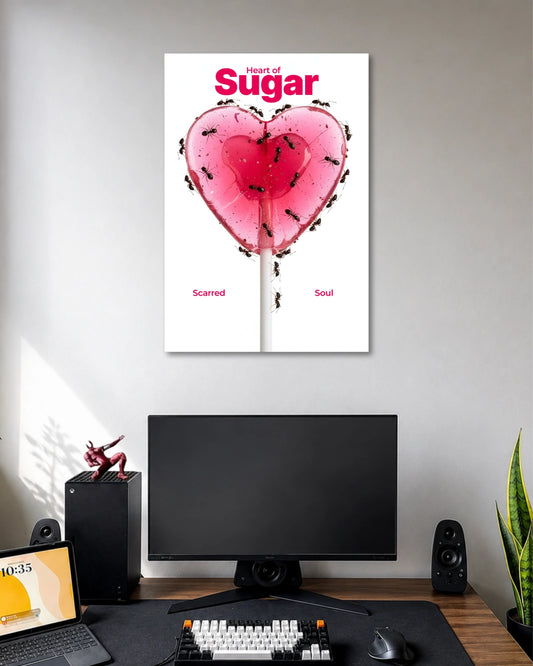 Heart of Sugar Scarred Soul Pink Poster poster design: A translucent pink heart-shaped lollipop takes centre stage, surrounded by crawling ants. The design combines sweet imagery with an unsettling twist, featuring the words “Heart of Sugar,” “Scarred,” and “Soul.” A striking choice for fans of surreal and unconventional wall decor.