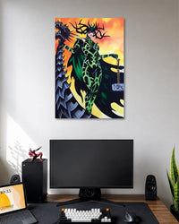 Illustrated Hela in black-and-green armor with a branching antler-like crown, holding a sword against orange skies.